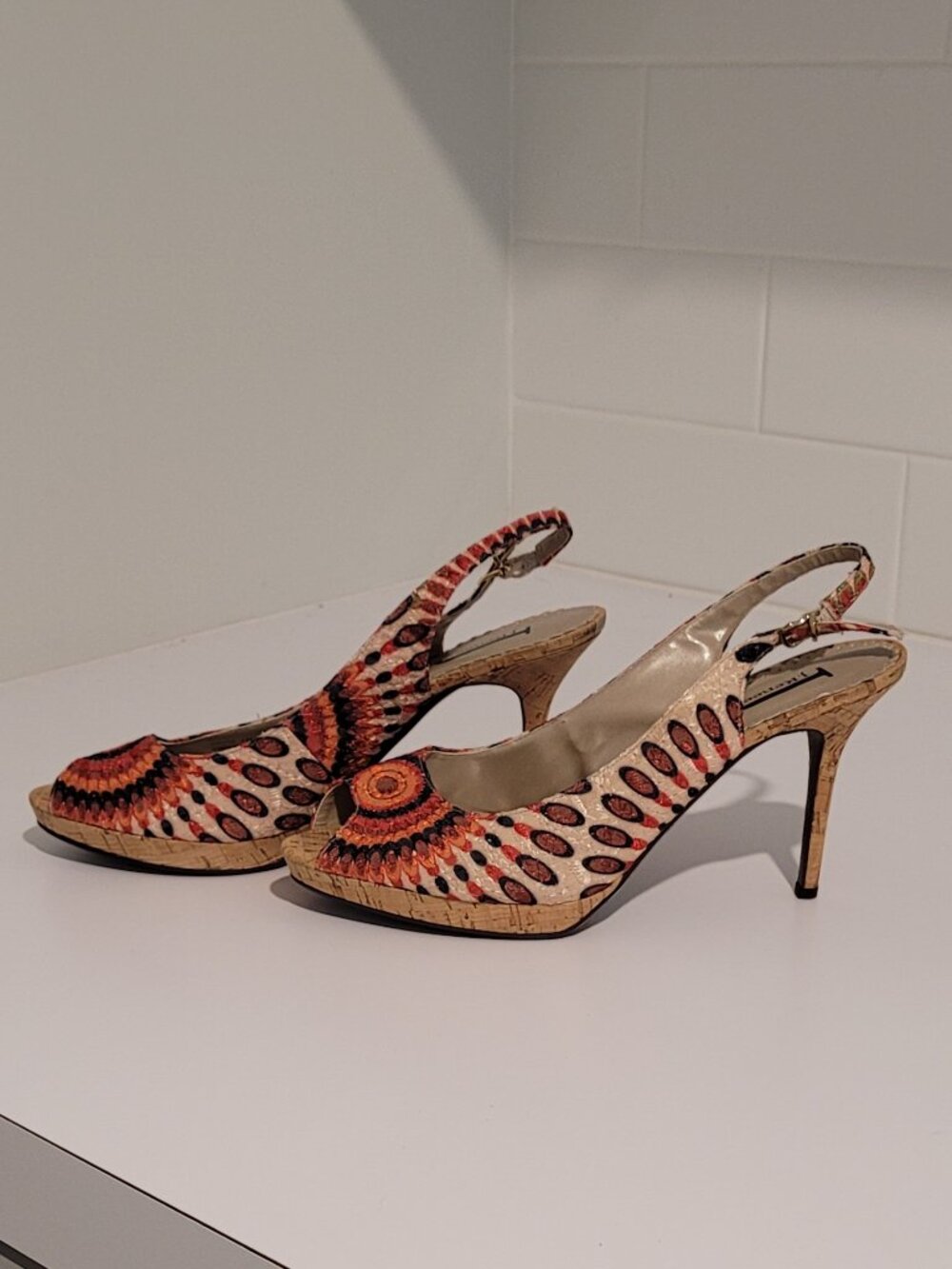 J. Renee Cork Orange Color Burst Canvas Sling Back Stiletto Platform Size 13M